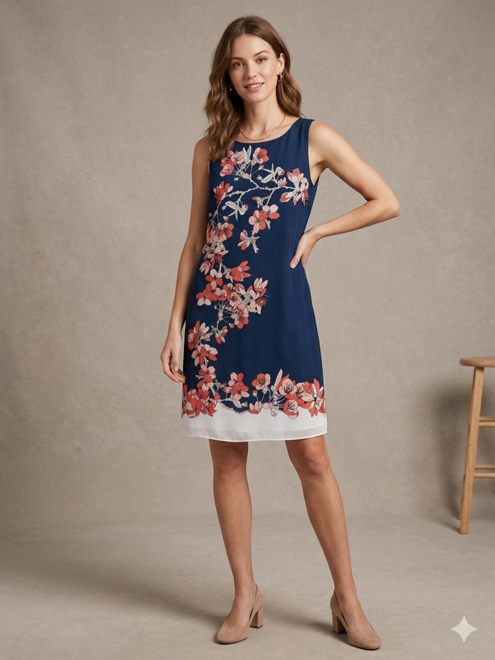Max Studio Sleeveless Navy Floral Shift Dress, Size Small